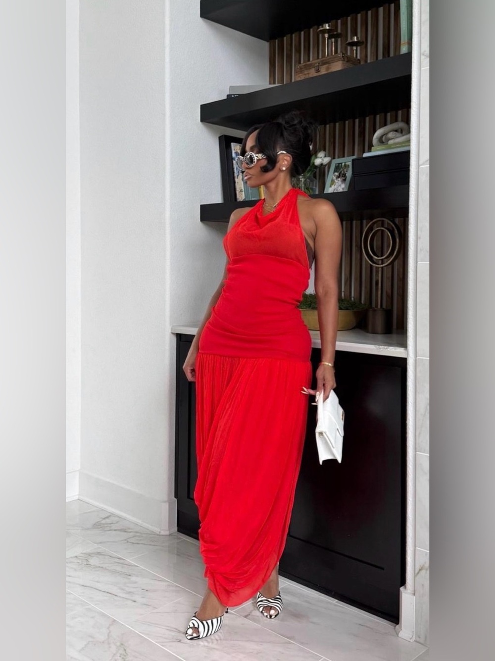 Zara Red Halter Draped Maxi Dress